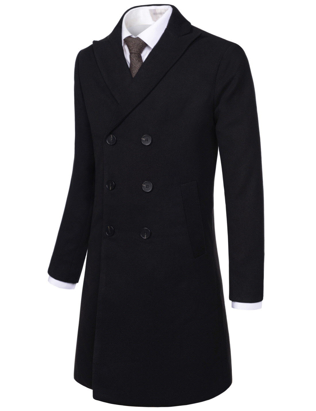 (NKDC7053) TheLees Mens Double Breasted Peaked Lapel Wool Blend Long Coat
